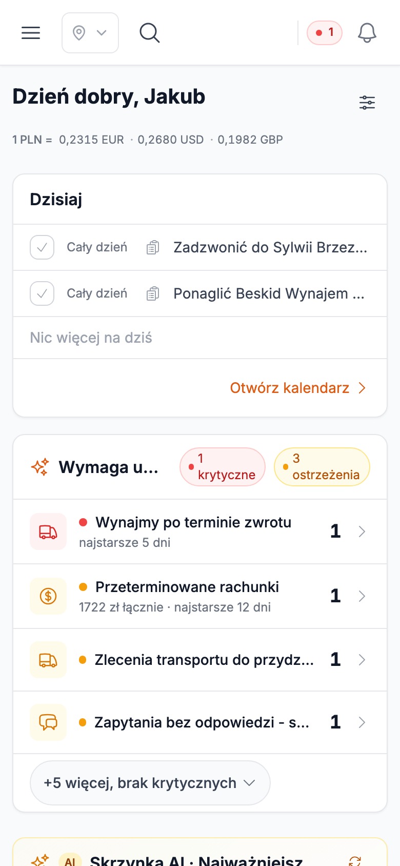 Ten sam pulpit Stalmio na telefonie, ze skrzynką AI i dzisiejszymi wynikami